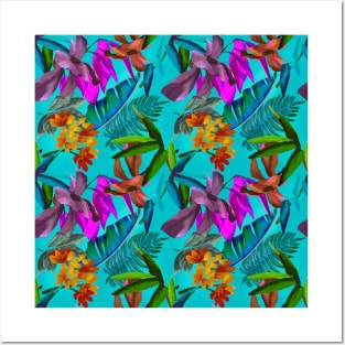 tropical floral leaves botanical garden, tropical plants,leaves and flowers, aqua blue leaves pattern Posters and Art